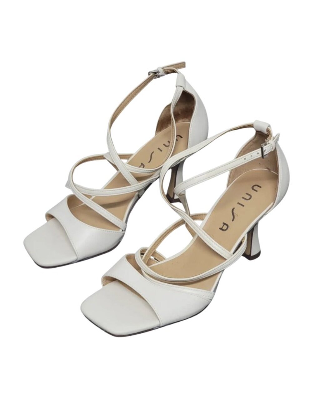 NEW Unisa White Strappy Criss Cross Square Toe Mid Heel Sandals Wedding 10